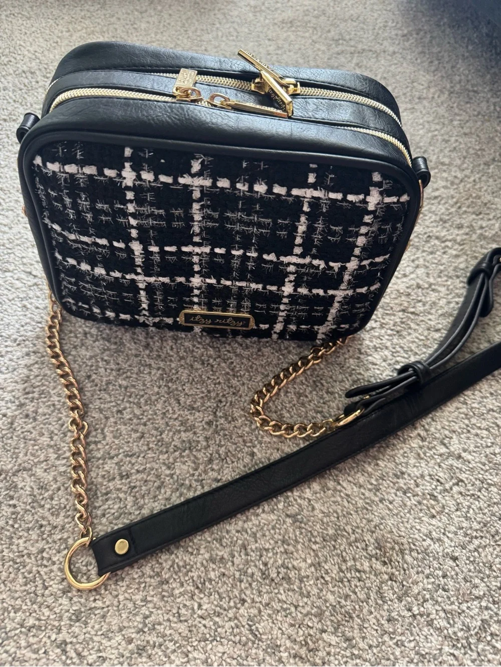 Itzy Ritzy Black & White Tweed Crossbody Diaper Bag with Gold Chain